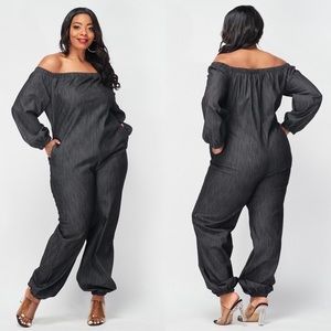 Black-Cotton Poplin Off Shoulder Jumpsuit
